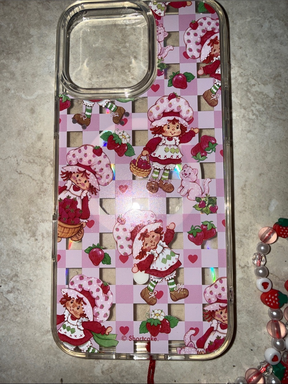 iPhone 16 Pro Max Case - Strawberry Shortcake with Matching Beaded Strap - Picture 4 of 5